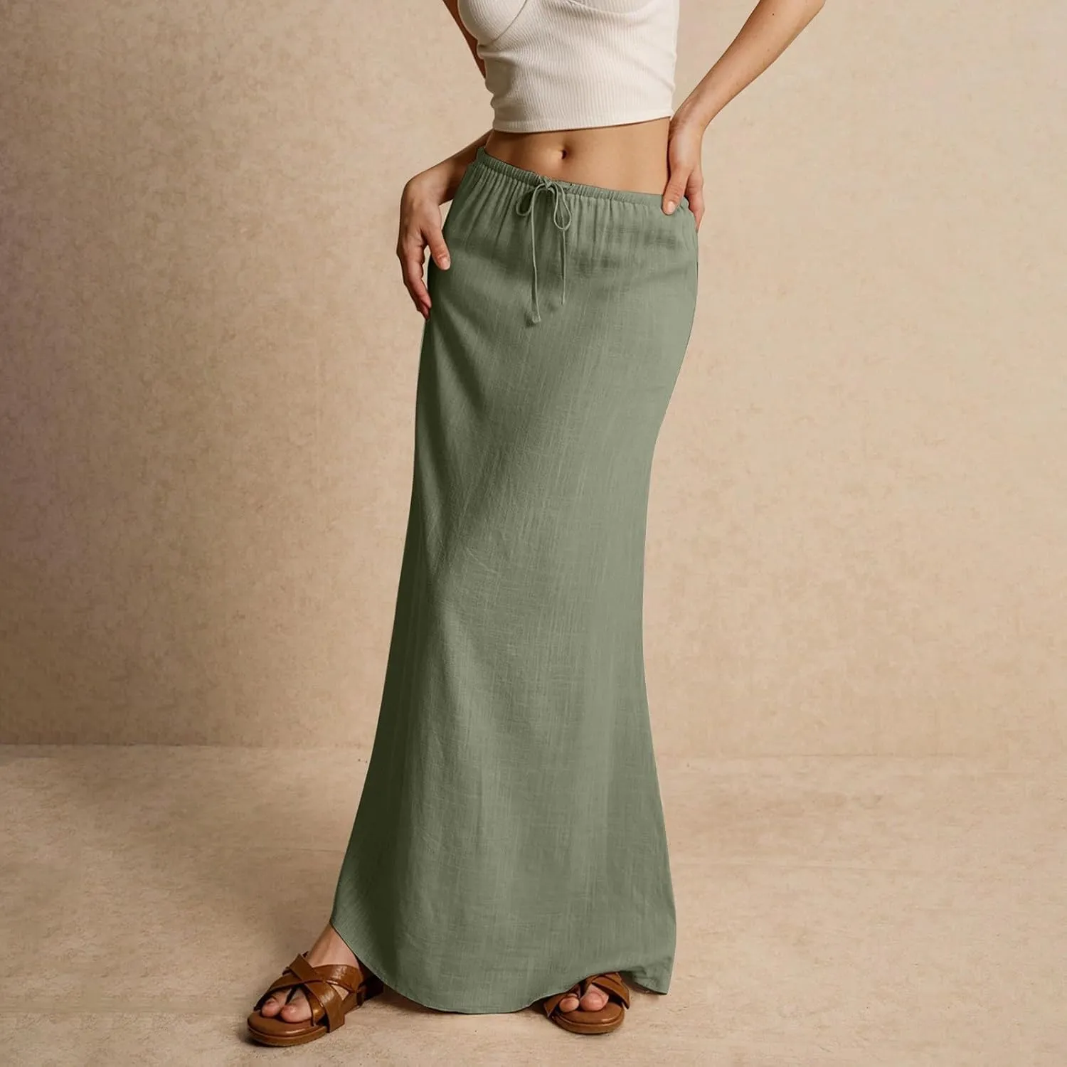 Linen Maxi Skirts for Women Trendy Summer Comfy Drawstring A Line Skirts Casual Beach Vacation Flowy Long Skirts