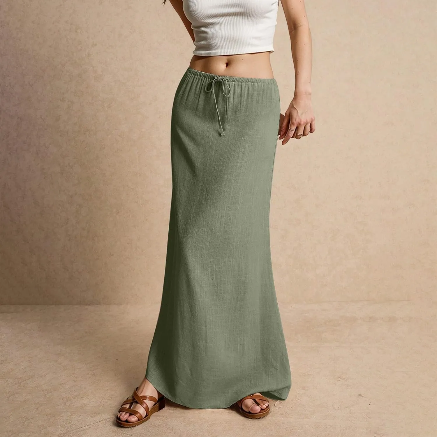 Linen Maxi Skirts for Women Trendy Summer Comfy Drawstring A Line Skirts Casual Beach Vacation Flowy Long Skirts
