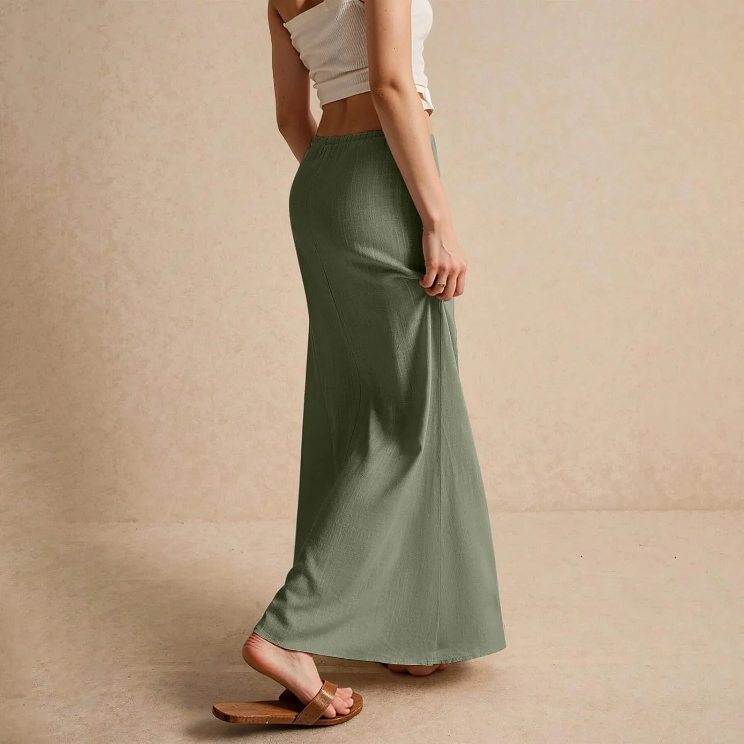 Linen Maxi Skirts for Women Trendy Summer Comfy Drawstring A Line Skirts Casual Beach Vacation Flowy Long Skirts