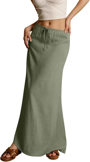 Linen Maxi Skirts for Women Trendy Summer Comfy Drawstring A Line Skirts Casual Beach Vacation Flowy Long Skirts