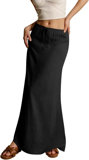 Linen Maxi Skirts for Women Trendy Summer Comfy Drawstring Waist A Line Skirts Cute Vacation Long Flowy Skirts