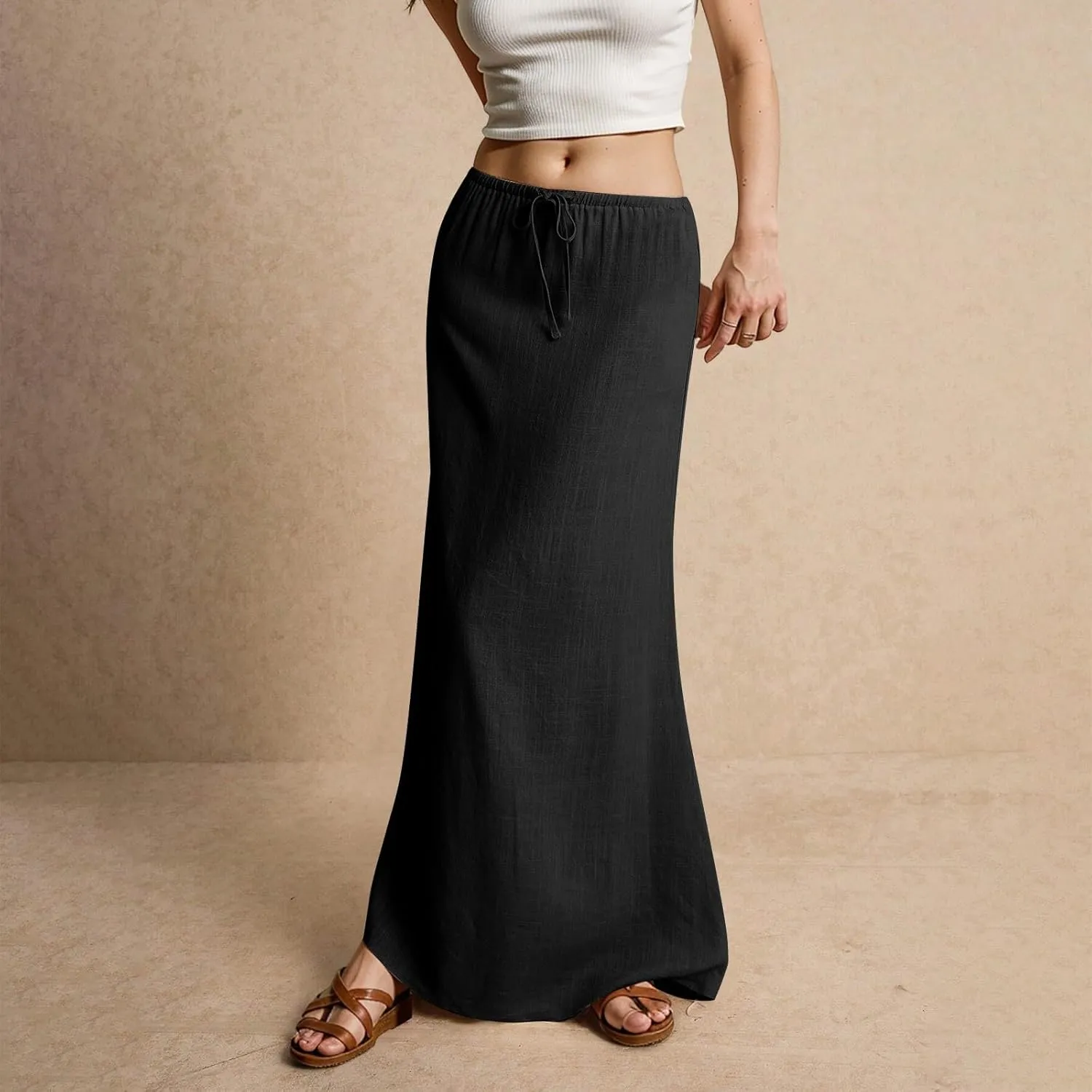 Linen Maxi Skirts for Women Trendy Summer Comfy Drawstring Waist A Line Skirts Cute Vacation Long Flowy Skirts