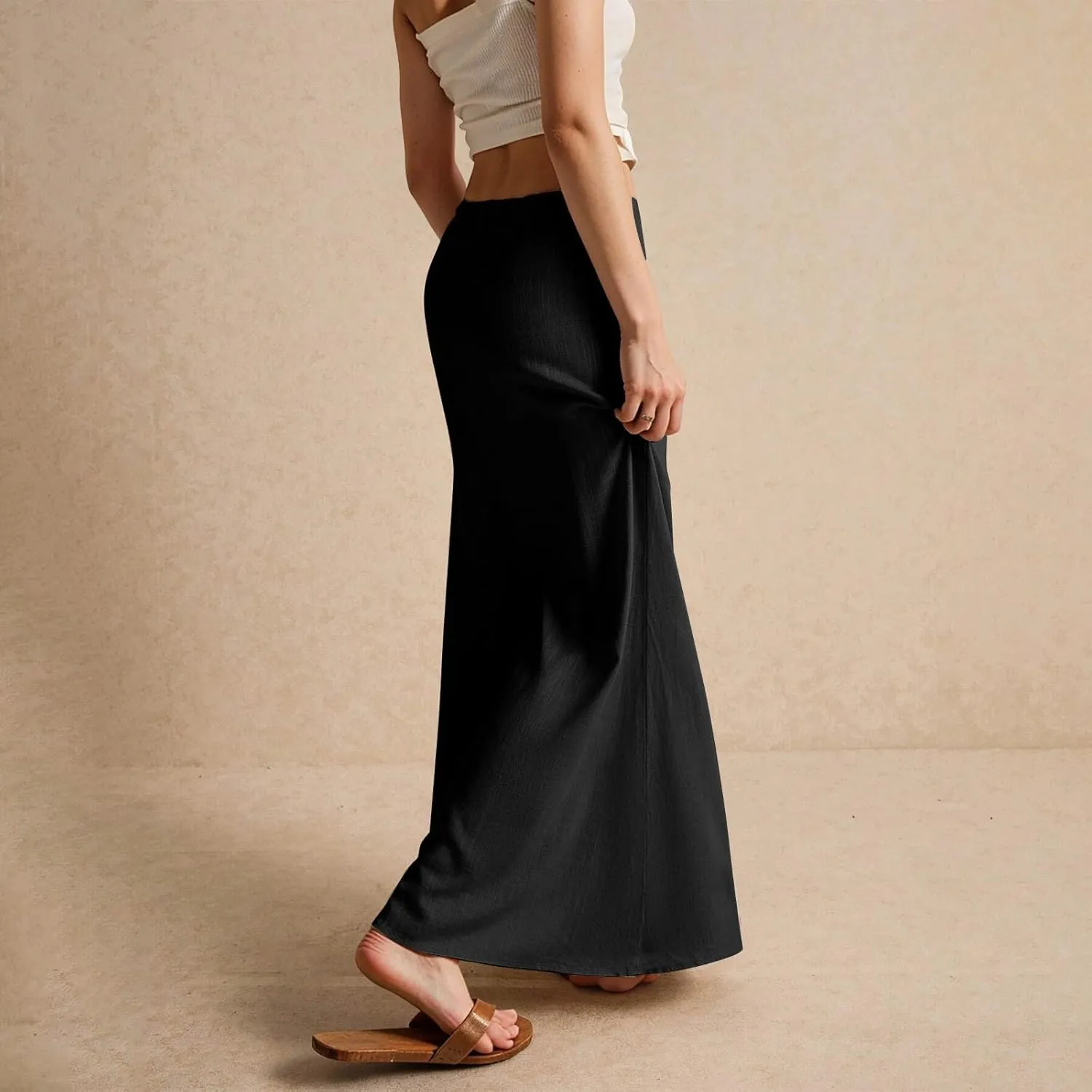 Linen Maxi Skirts for Women Trendy Summer Comfy Drawstring Waist A Line Skirts Cute Vacation Long Flowy Skirts