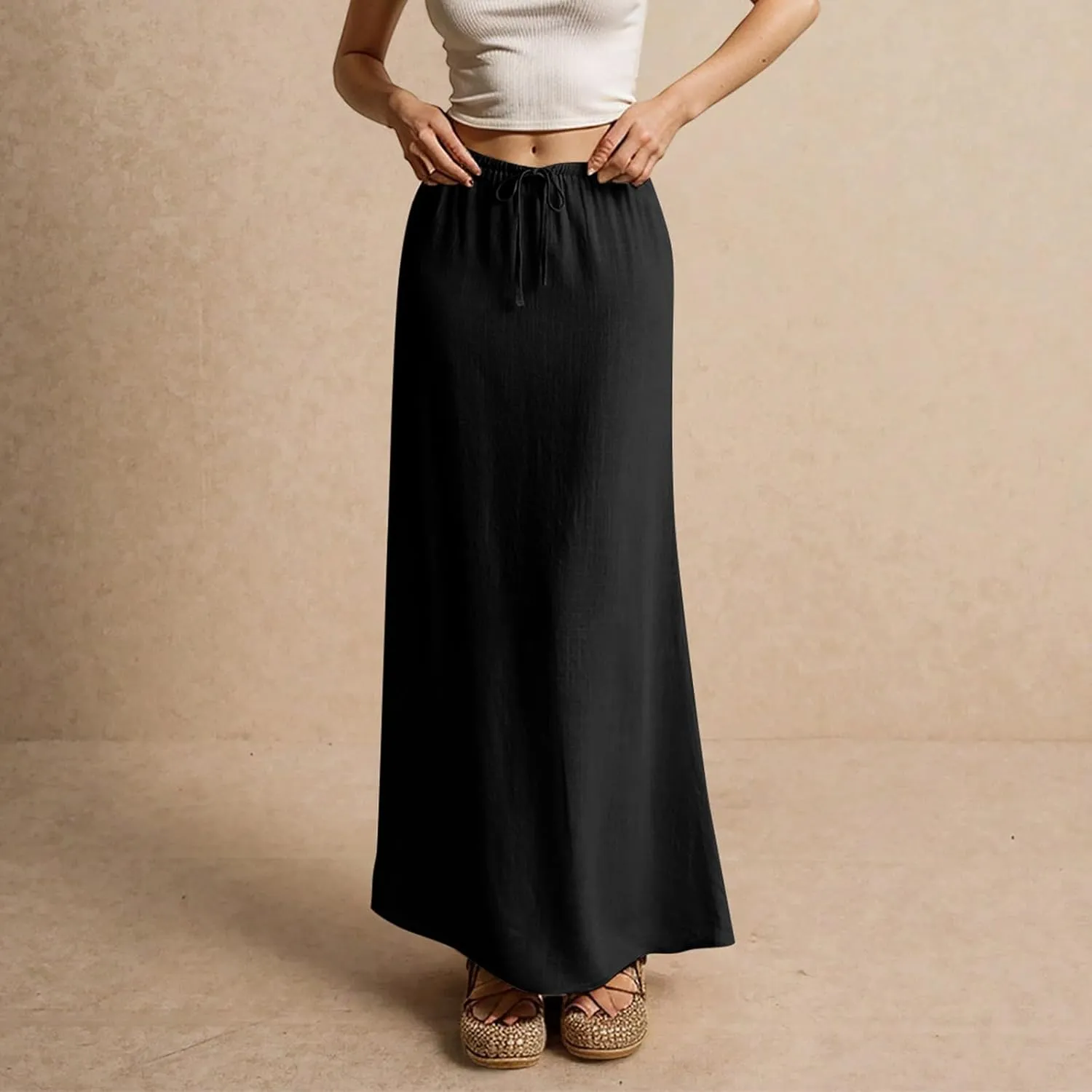 Linen Maxi Skirts for Women Trendy Summer Comfy Drawstring Waist A Line Skirts Cute Vacation Long Flowy Skirts