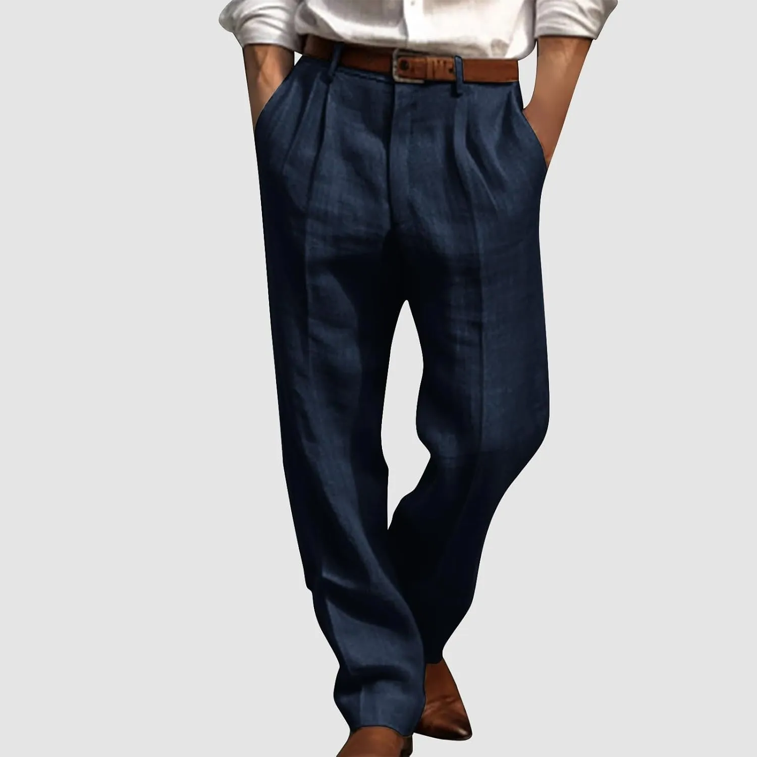 Linen Pants Men Summer Button Dress Pants Solid Color Straight Leg Beach Pants Cotton Loose Trousers with Pockets