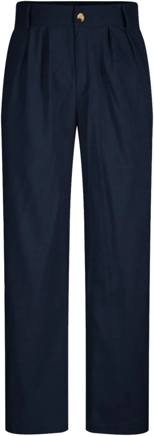 Linen Pants Men Summer Button Dress Pants Solid Color Straight Leg Beach Pants Cotton Loose Trousers with Pockets