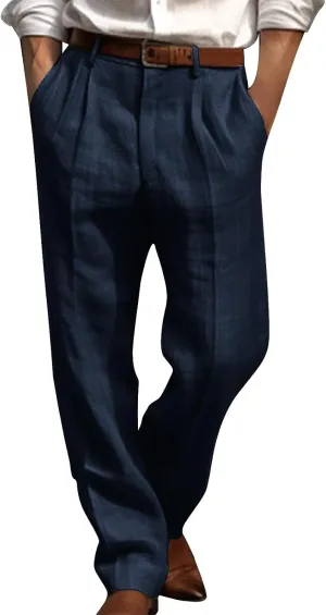 Linen Pants Men Summer Button Dress Pants Solid Color Straight Leg Beach Pants Cotton Loose Trousers with Pockets