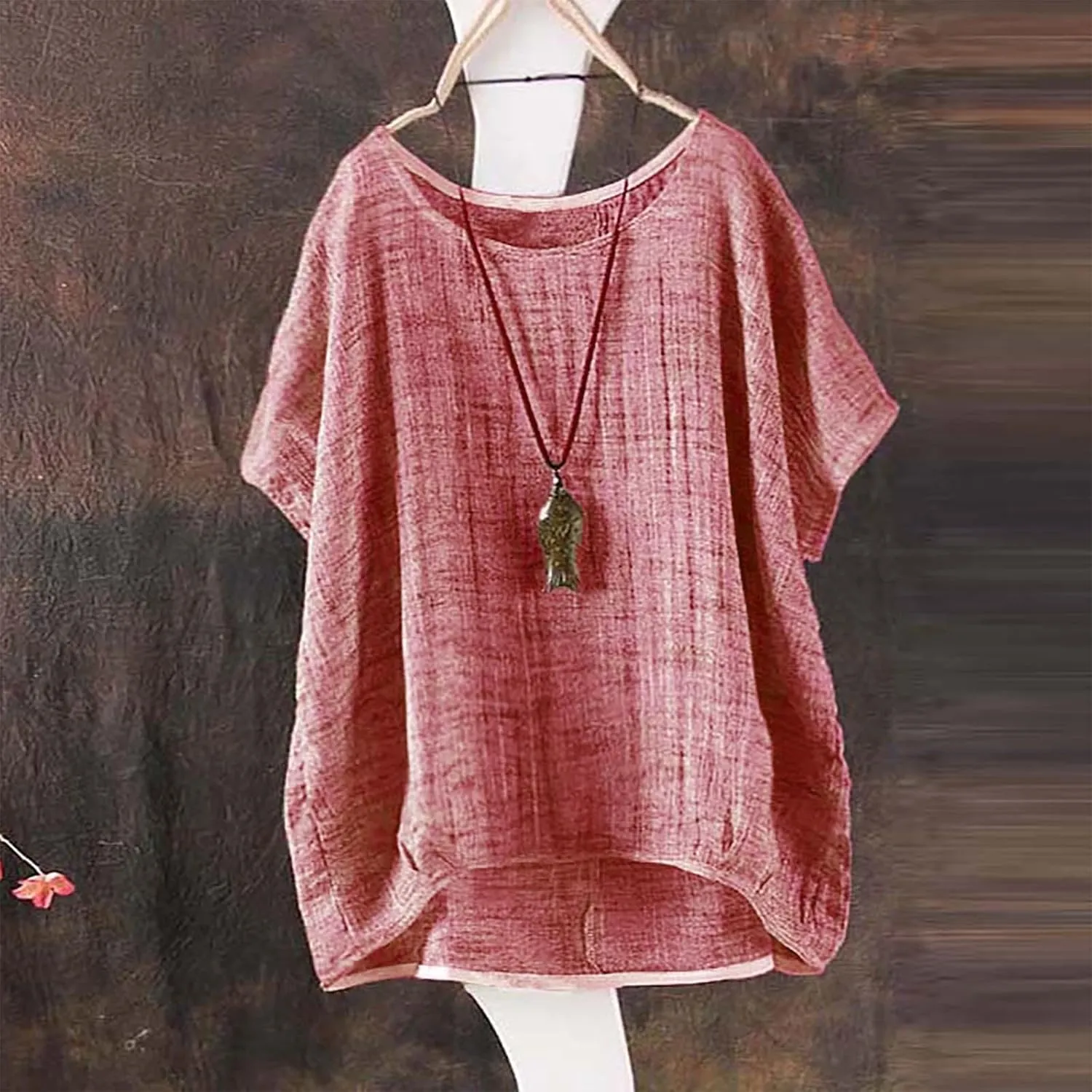 Linen Shirts for Women 2024 Fashion Plus Size Casual Short Sleeve Trendy Crewneck Tops Loose Fit Comfy Soft Blouses