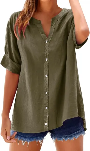 Linen Shirts for Women 2025 Summer Tops Casual Ruffle Short Sleeve V Neck Button Down Loose Fit Tops Shirt