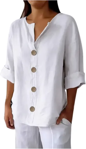 Linen Shirts for Women 3/4 Sleeve Summer Tops Crew Neck Button Down T-Shirts Casual Basic Tee Loose Gauze Blouses