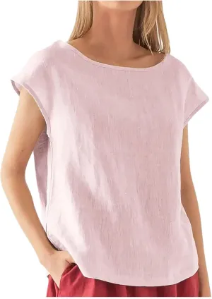 Linen Shirts for Women Shor Sleeve Boat Neck Casual Tshirt Solid Color Loose Fitting Tops and Blouses Summer Trendy