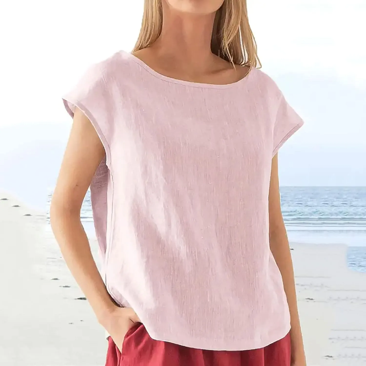 Linen Shirts for Women Shor Sleeve Boat Neck Casual Tshirt Solid Color Loose Fitting Tops and Blouses Summer Trendy