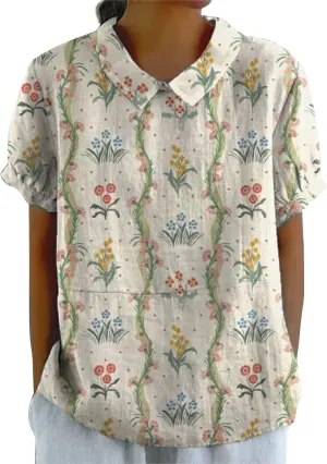 Linen Shirts Vintage Floral Graphic for Women Linen Loose Large Size Thin Lapel Womens Cute Autumn Tops and Blouses