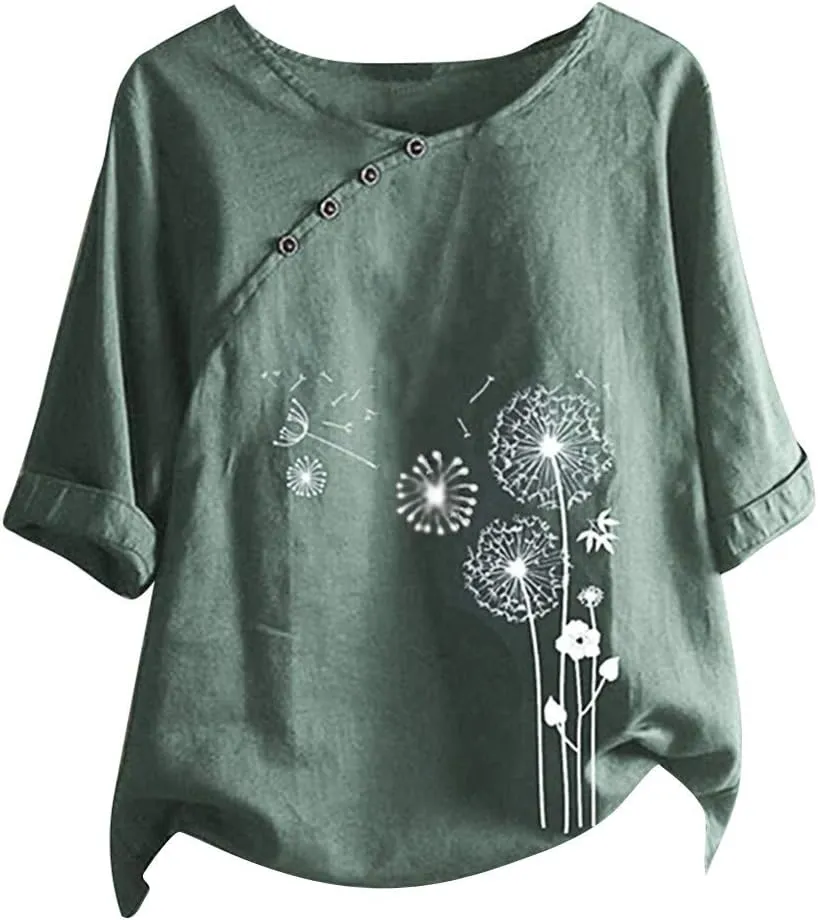 Linen Tops for Women Casual Oversized Summer Graphic Tees Short Sleeve Button Down Blouses Crew Neck Loose Fit Shirt