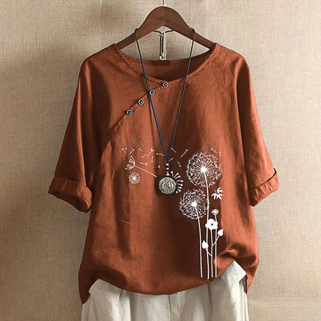 Linen Tops for Women Casual Oversized Summer Graphic Tees Short Sleeve Button Down Blouses Crew Neck Loose Fit Shirt