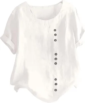 Linen Tops for Women Casual Oversized Summer Graphic Tees Short Sleeve Button Down Blouses Crew Neck Loose Fit Shirt