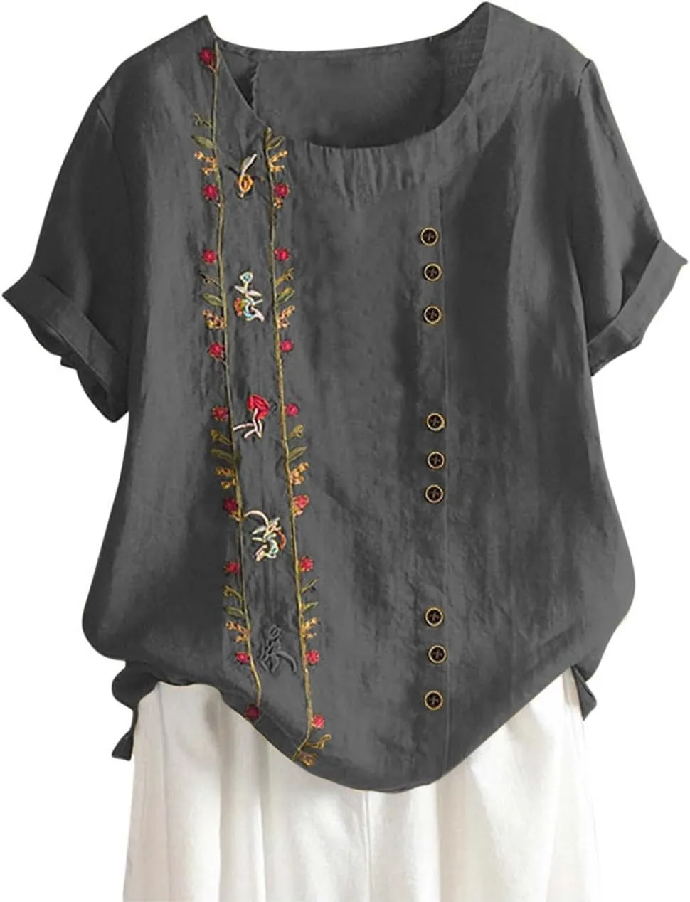 Linen Tops for Women Casual Oversized Summer Graphic Tees Short Sleeve Button Down Blouses Crew Neck Loose Fit Shirt