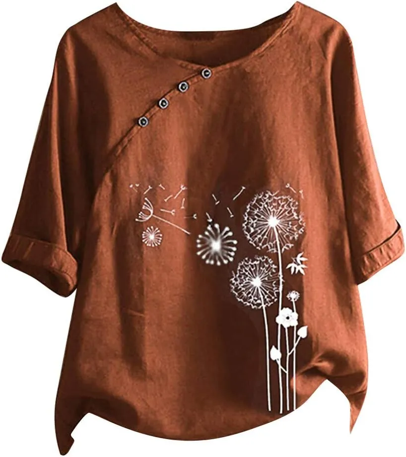 Linen Tops for Women Casual Oversized Summer Graphic Tees Short Sleeve Button Down Blouses Crew Neck Loose Fit Shirt