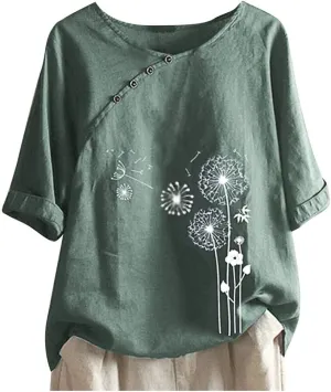 Linen Tops for Women Casual Oversized Summer Graphic Tees Short Sleeve Button Down Blouses Crew Neck Loose Fit Shirt