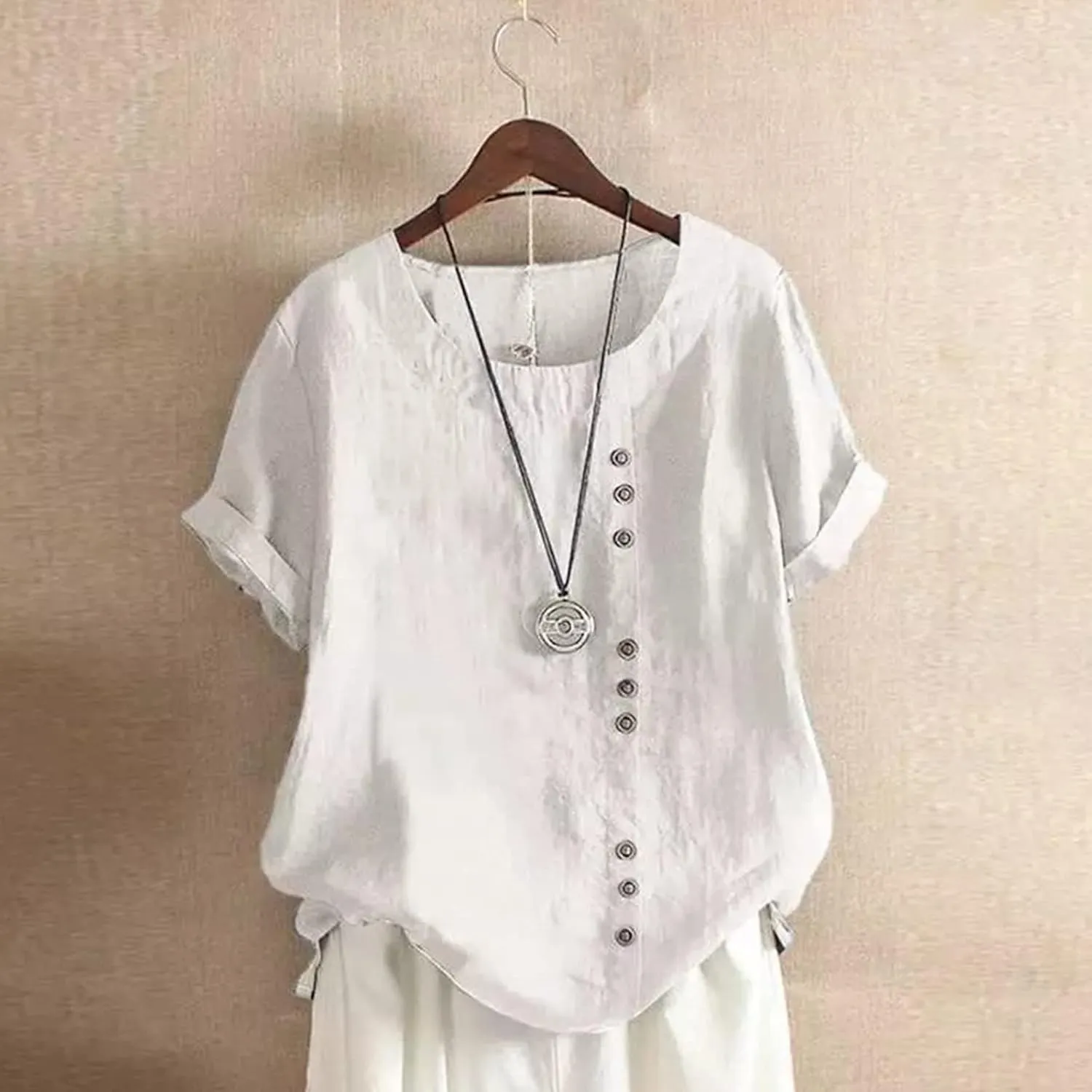 Linen Tops for Women Casual Oversized Summer Graphic Tees Short Sleeve Button Down Blouses Crew Neck Loose Fit Shirt