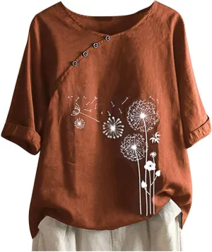 Linen Tops for Women Casual Oversized Summer Graphic Tees Short Sleeve Button Down Blouses Crew Neck Loose Fit Shirt