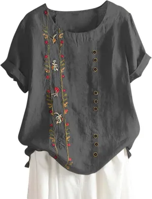 Linen Tops for Women Casual Oversized Summer Graphic Tees Short Sleeve Button Down Blouses Crew Neck Loose Fit Shirt
