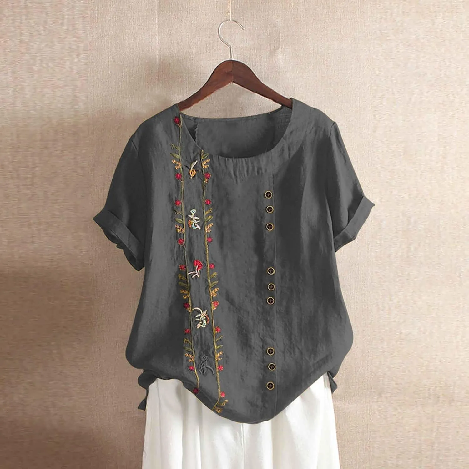 Linen Tops for Women Casual Oversized Summer Graphic Tees Short Sleeve Button Down Blouses Crew Neck Loose Fit Shirt