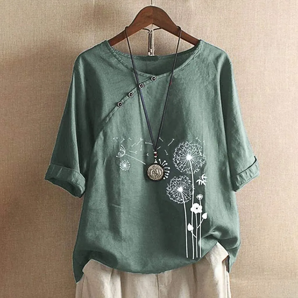 Linen Tops for Women Casual Oversized Summer Graphic Tees Short Sleeve Button Down Blouses Crew Neck Loose Fit Shirt