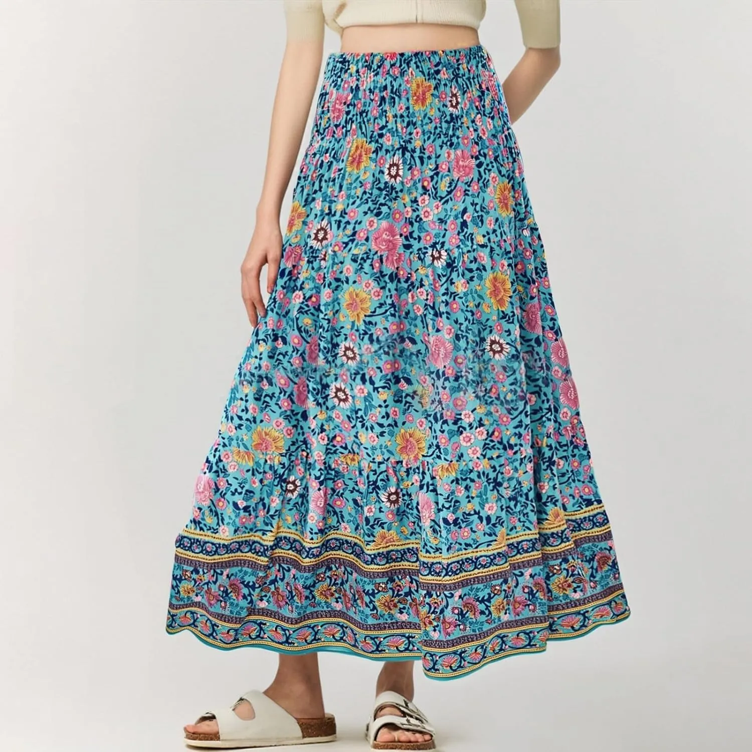 Long Maxi Skirts for Women 2025 Floral Boho Swing Flowy Skirt Smocked High Waisted Skirts Tiered Beach Midi Skirt