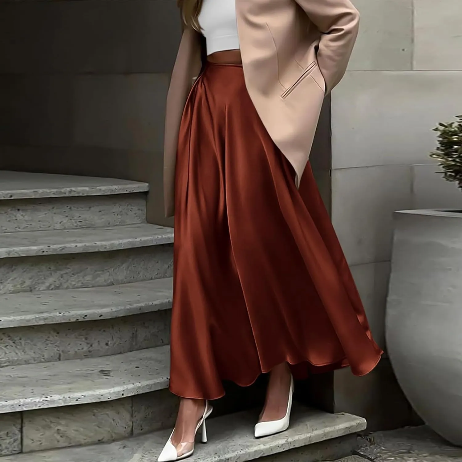 Long Skirts for Women 2025 Summer Vacation Satin Elastic High Waisted A Line Slip Skirt Elegant Work Office Flowy Maxi Skirt