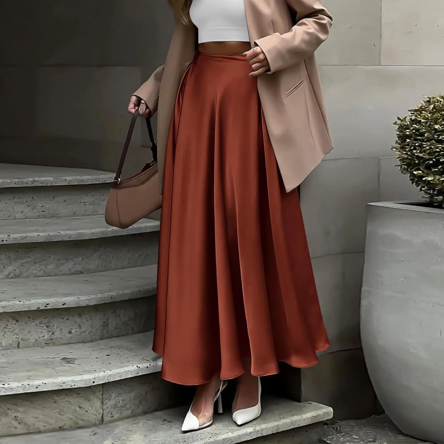 Long Skirts for Women 2025 Summer Vacation Satin Elastic High Waisted A Line Slip Skirt Elegant Work Office Flowy Maxi Skirt