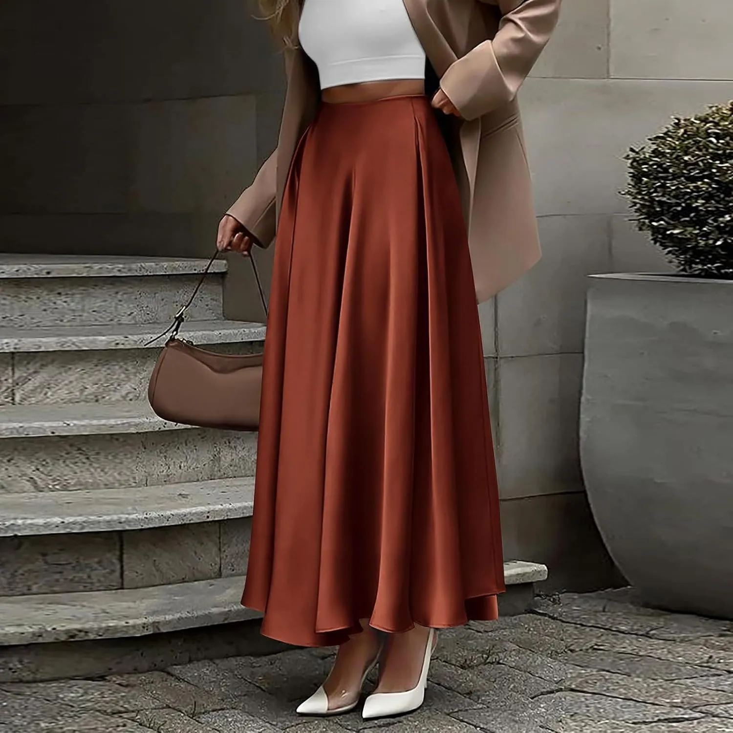 Long Skirts for Women 2025 Summer Vacation Satin Elastic High Waisted A Line Slip Skirt Elegant Work Office Flowy Maxi Skirt