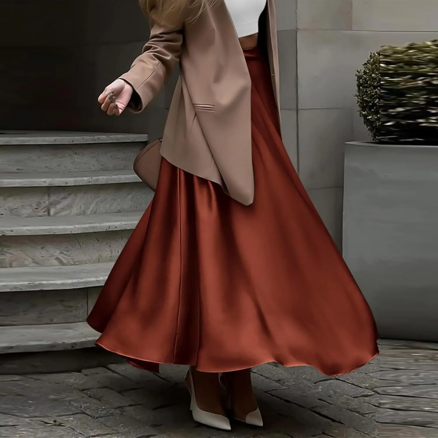 Long Skirts for Women 2025 Summer Vacation Satin Elastic High Waisted A Line Slip Skirt Elegant Work Office Flowy Maxi Skirt