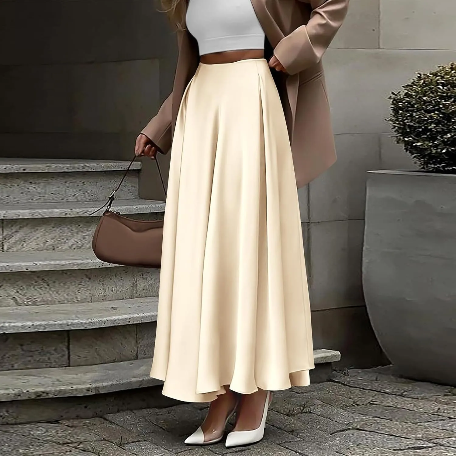 Long Skirts for Women 2025 Summer Vacation Satin Elastic High Waisted A Line Slip Skirt Elegant Work Office Flowy Maxi Skirt