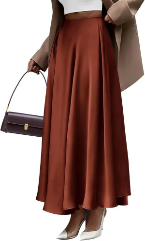 Long Skirts for Women 2025 Summer Vacation Satin Elastic High Waisted A Line Slip Skirt Elegant Work Office Flowy Maxi Skirt
