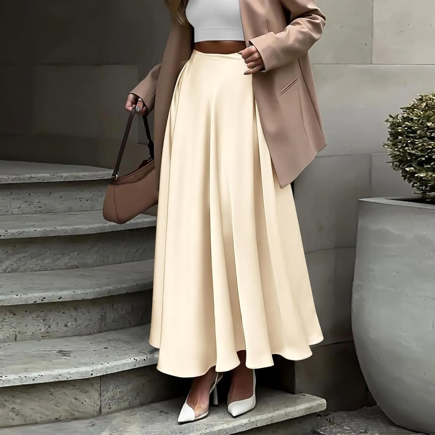 Long Skirts for Women 2025 Summer Vacation Satin Elastic High Waisted A Line Slip Skirt Elegant Work Office Flowy Maxi Skirt