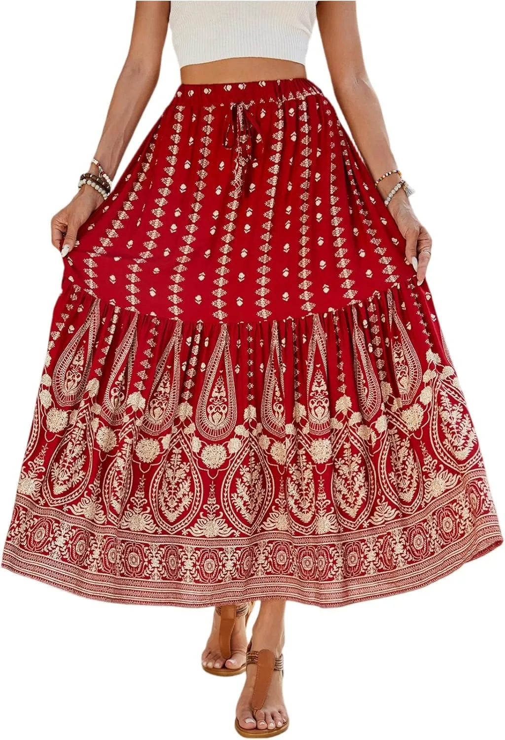 Long Skirts for Women Floral Boho Beach Flowy Tiered Maxi Skirt Drawstring High Waisted Skirts A Line Midi Skirt