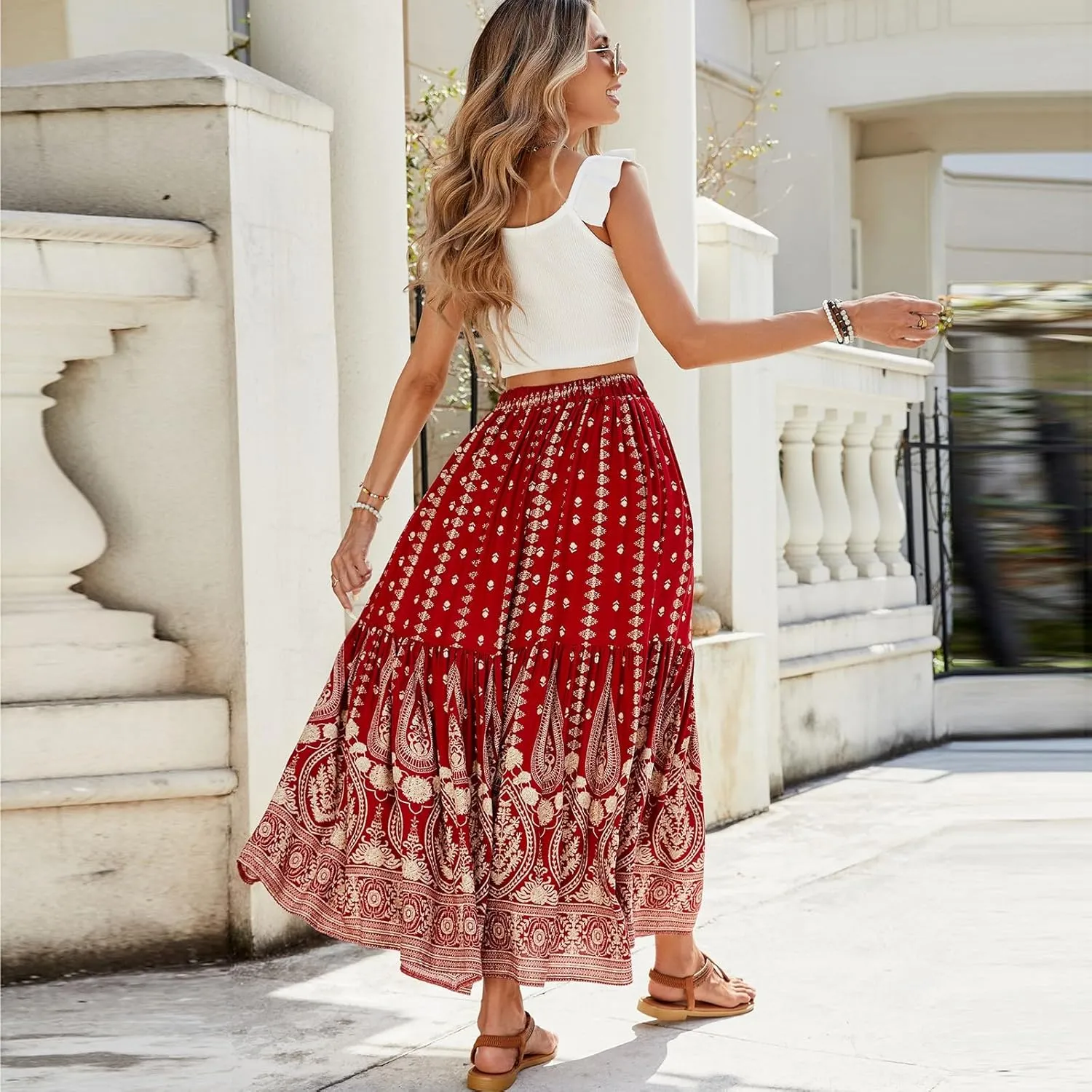 Long Skirts for Women Floral Boho Beach Flowy Tiered Maxi Skirt Drawstring High Waisted Skirts A Line Midi Skirt