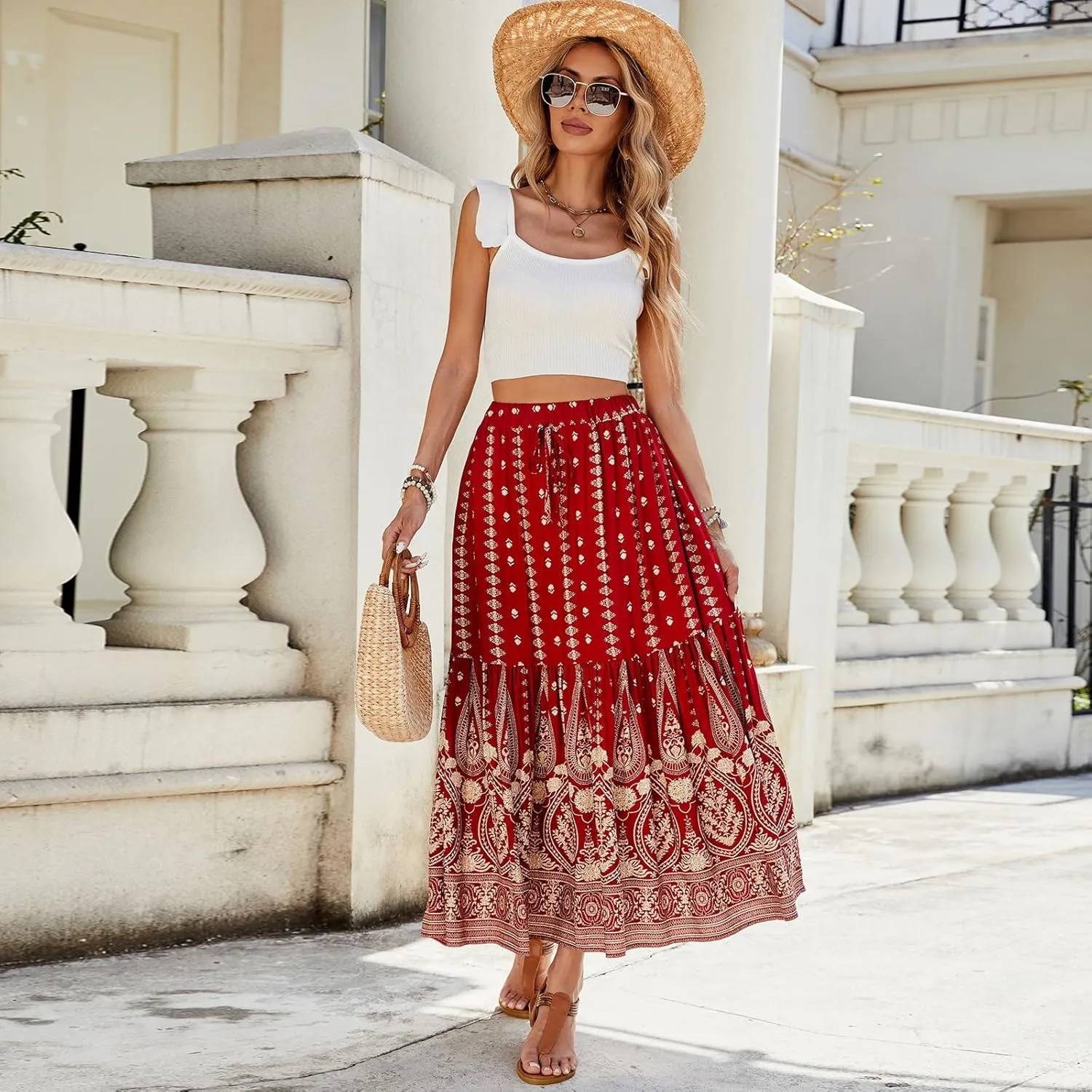 Long Skirts for Women Floral Boho Beach Flowy Tiered Maxi Skirt Drawstring High Waisted Skirts A Line Midi Skirt