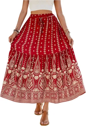 Long Skirts for Women Floral Boho Beach Flowy Tiered Maxi Skirt Drawstring High Waisted Skirts A Line Midi Skirt