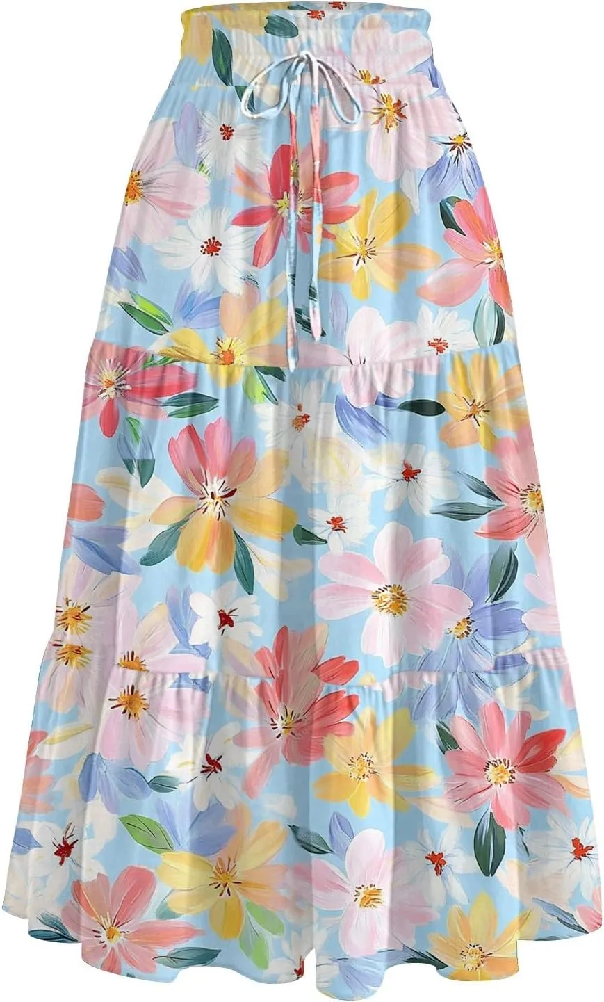 Long Skirts for Women Floral Print Boho Maxi Skirt Elastic High Waist Drawstring Pleated Flowy Skirts with Pockets