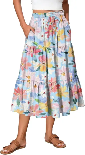 Long Skirts for Women Floral Print Boho Maxi Skirt Elastic High Waist Drawstring Pleated Flowy Skirts with Pockets