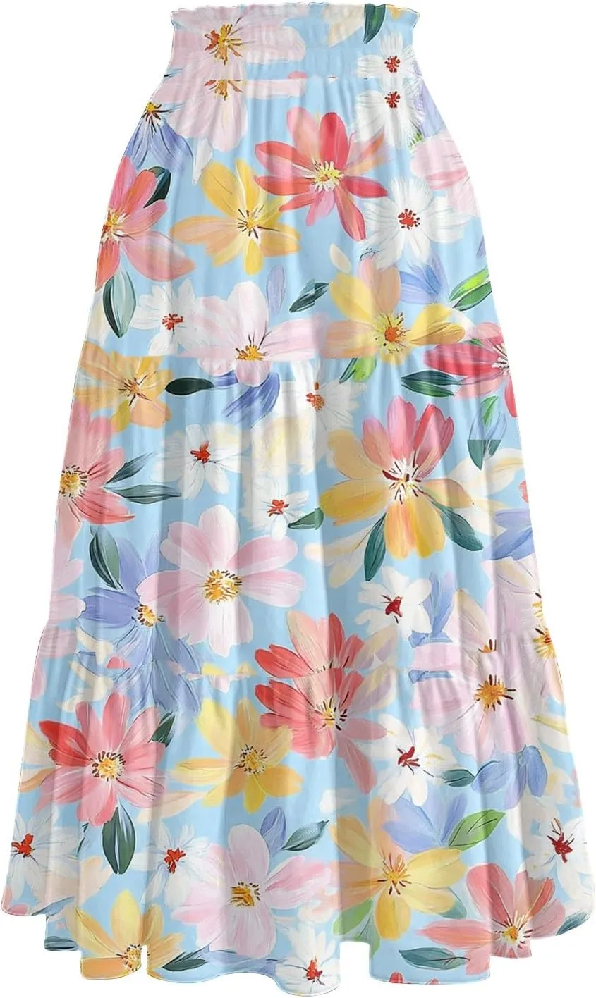 Long Skirts for Women Floral Print Boho Maxi Skirt Elastic High Waist Drawstring Pleated Flowy Skirts with Pockets