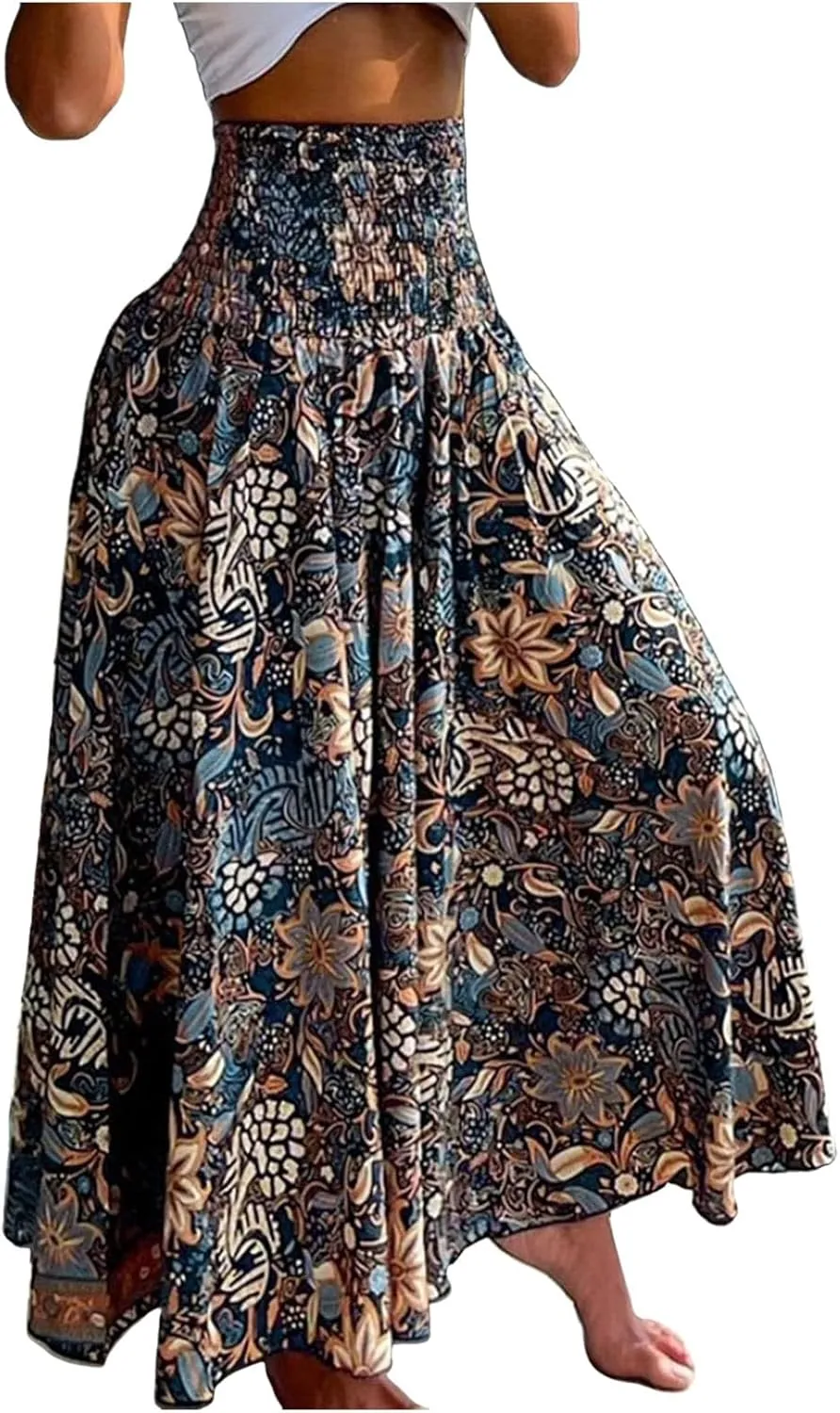 Long Skirts for Women Summer Bohemian Lace Up Floral Print Flowy Long Skirt Beach Casual Maxi Skorts Vacation