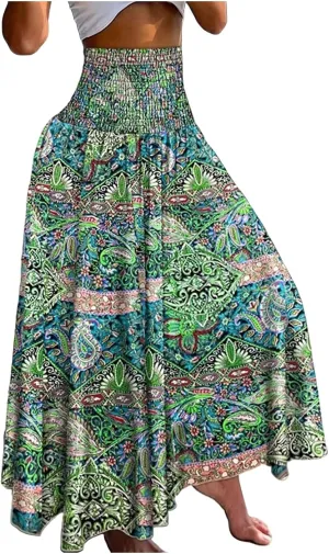 Long Skirts for Women Summer Bohemian Lace Up Floral Print Flowy Long Skirt Beach Casual Maxi Skorts Vacation