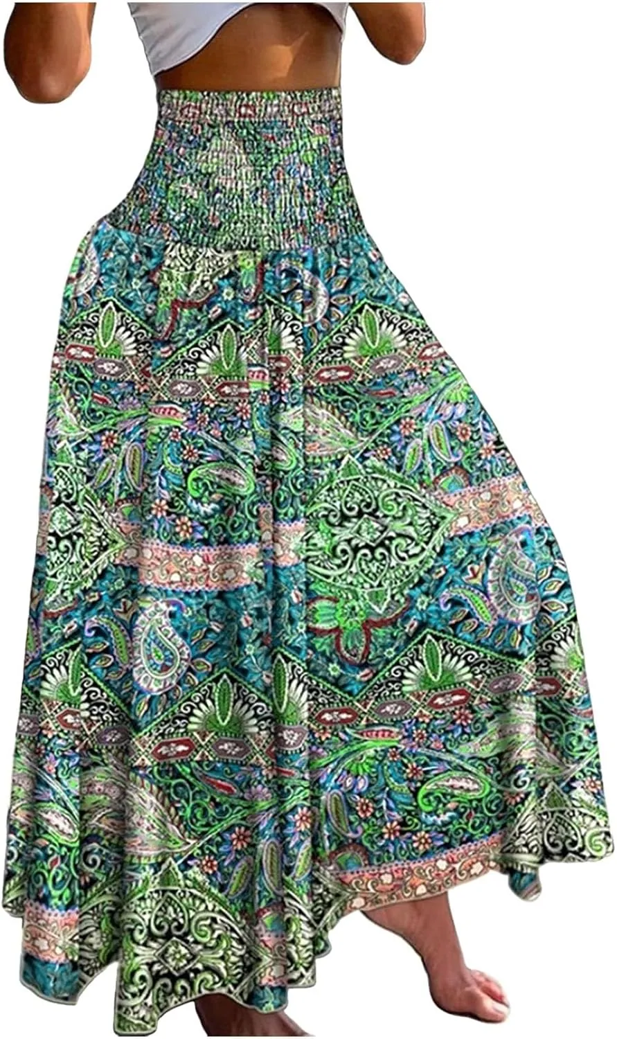 Long Skirts for Women Summer Bohemian Lace Up Floral Print Flowy Long Skirt Beach Casual Maxi Skorts Vacation