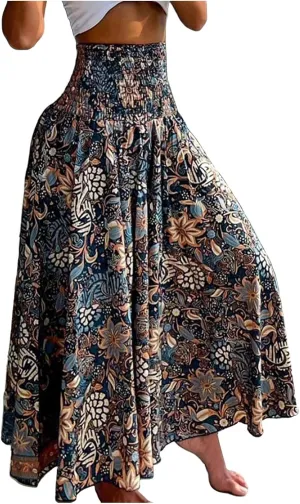 Long Skirts for Women Summer Bohemian Lace Up Floral Print Flowy Long Skirt Beach Casual Maxi Skorts Vacation