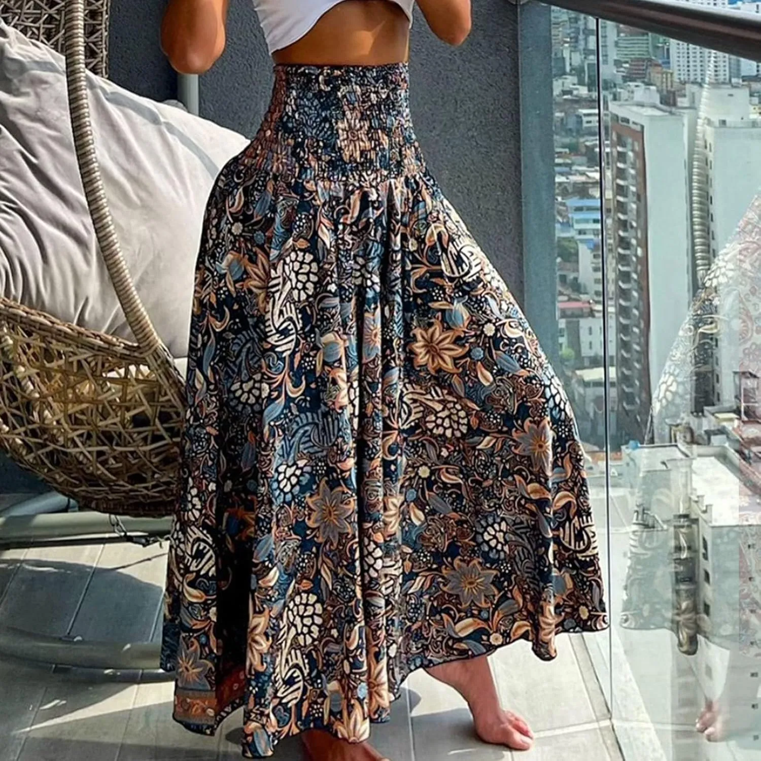 Long Skirts for Women Summer Bohemian Lace Up Floral Print Flowy Long Skirt Beach Casual Maxi Skorts Vacation