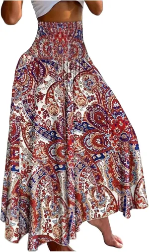 Long Skirts for Women Summer Bohemian Lace Up Floral Print Flowy Long Skirt Beach Casual Maxi Skorts Vacation