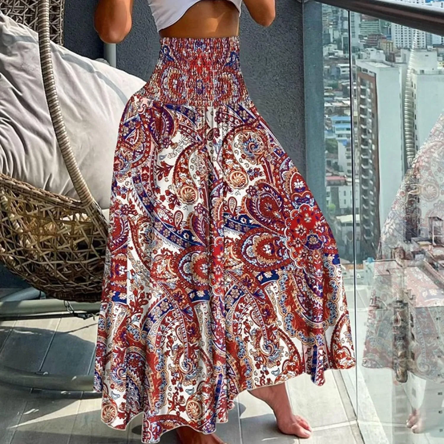 Long Skirts for Women Summer Bohemian Lace Up Floral Print Flowy Long Skirt Beach Casual Maxi Skorts Vacation